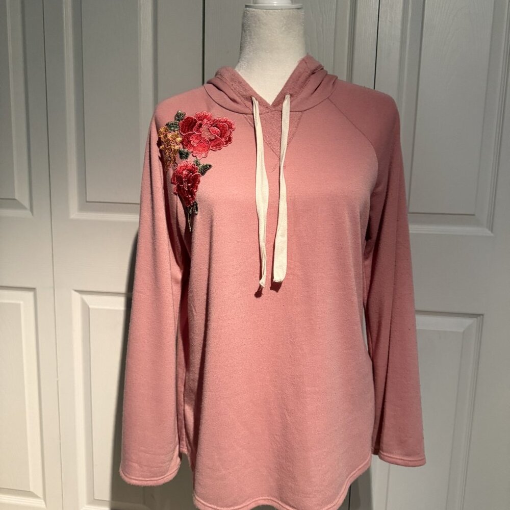Women's Crescent Brand Hooded Sweatshirt Pink with Flowers Floral Size Large EUC